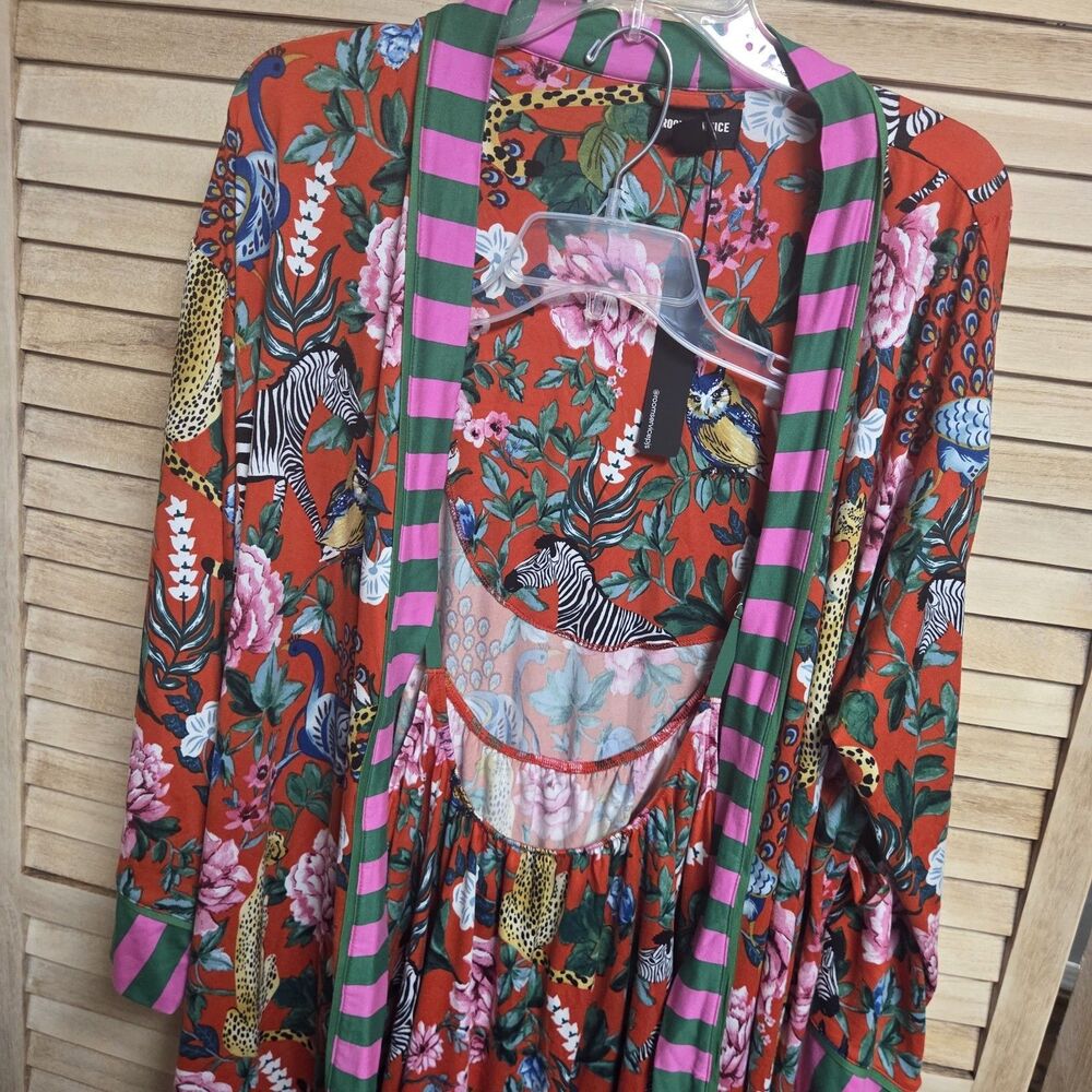 Room Service Scarlet Safari Gown And Robe Pajama Set Womens XL Floral Animal New